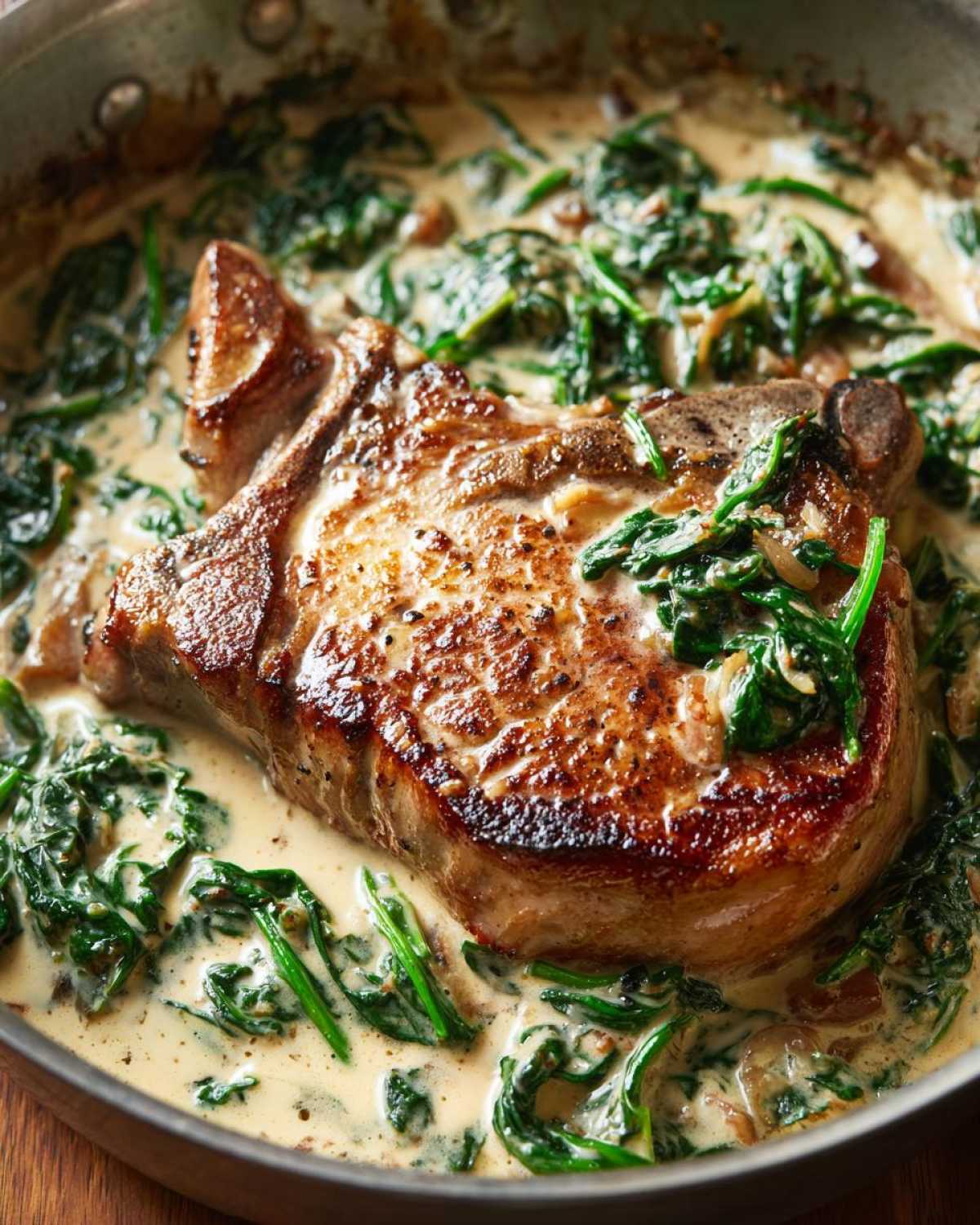 A perfectly seared pork chop resting in a creamy garlic sauce with wilted spinach, ready to serve.