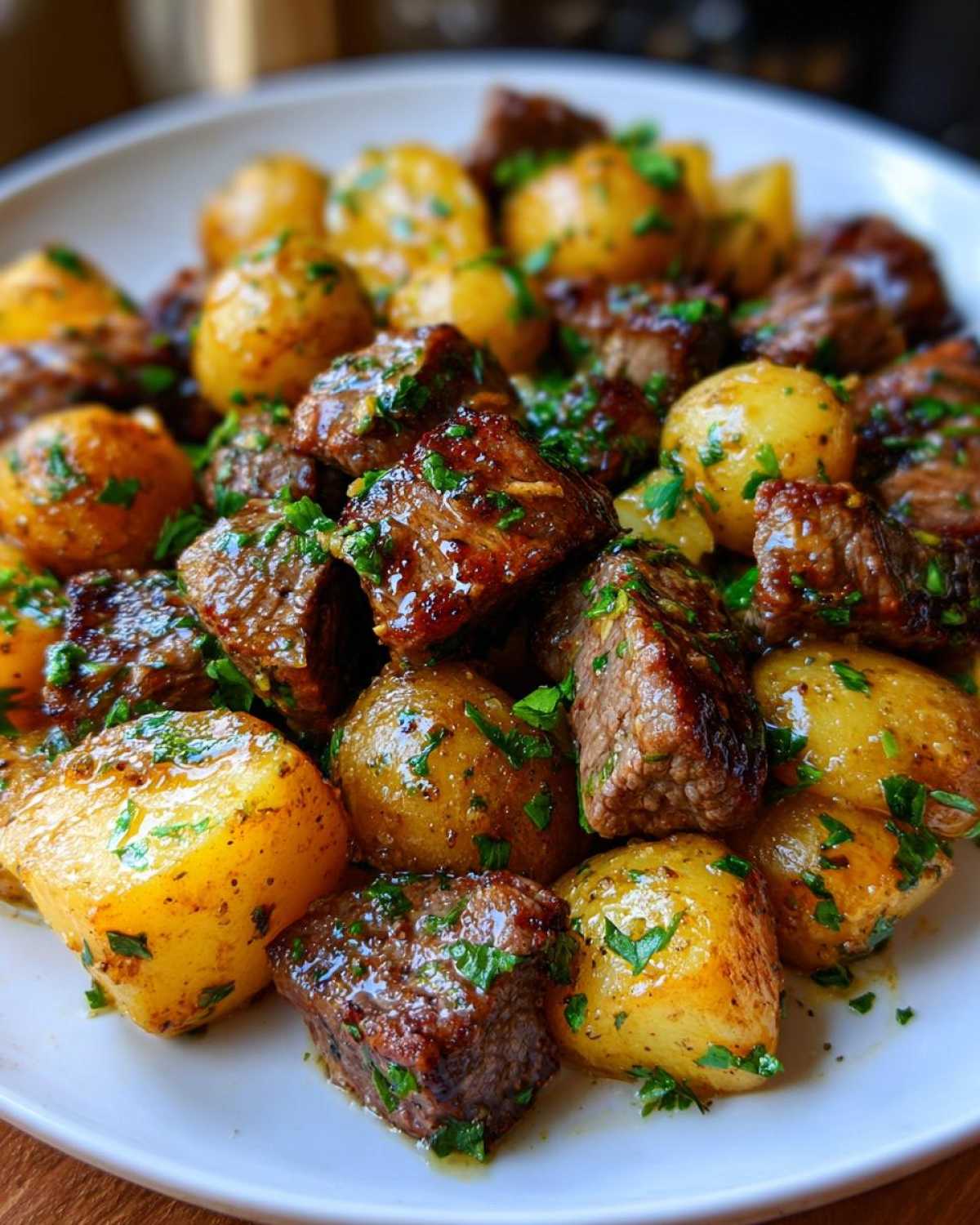 Close-up of juicy, browned steak bites mixed with golden roasted potatoes, garnished with fresh parsley.