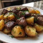 Close-up of One-Pan Garlic Butter Steak Bites and Potatoes served on a white plate, glistening with butter sauce and topped with parsley.
