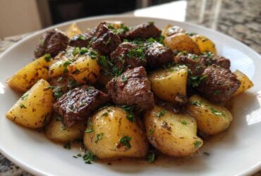 Close-up of One-Pan Garlic Butter Steak Bites and Potatoes served on a white plate, glistening with butter sauce and topped with parsley.