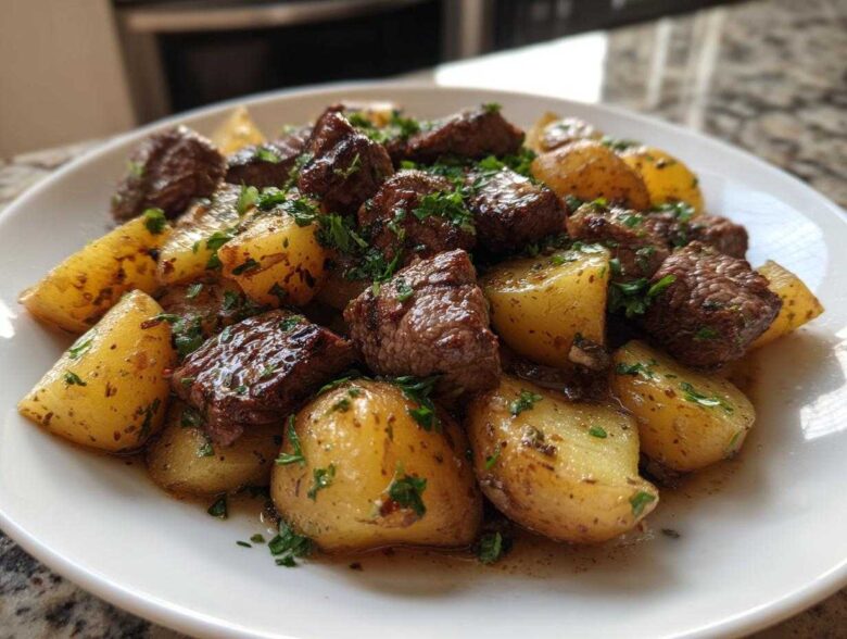 Close-up of One-Pan Garlic Butter Steak Bites and Potatoes served on a white plate, glistening with butter sauce and topped with parsley.