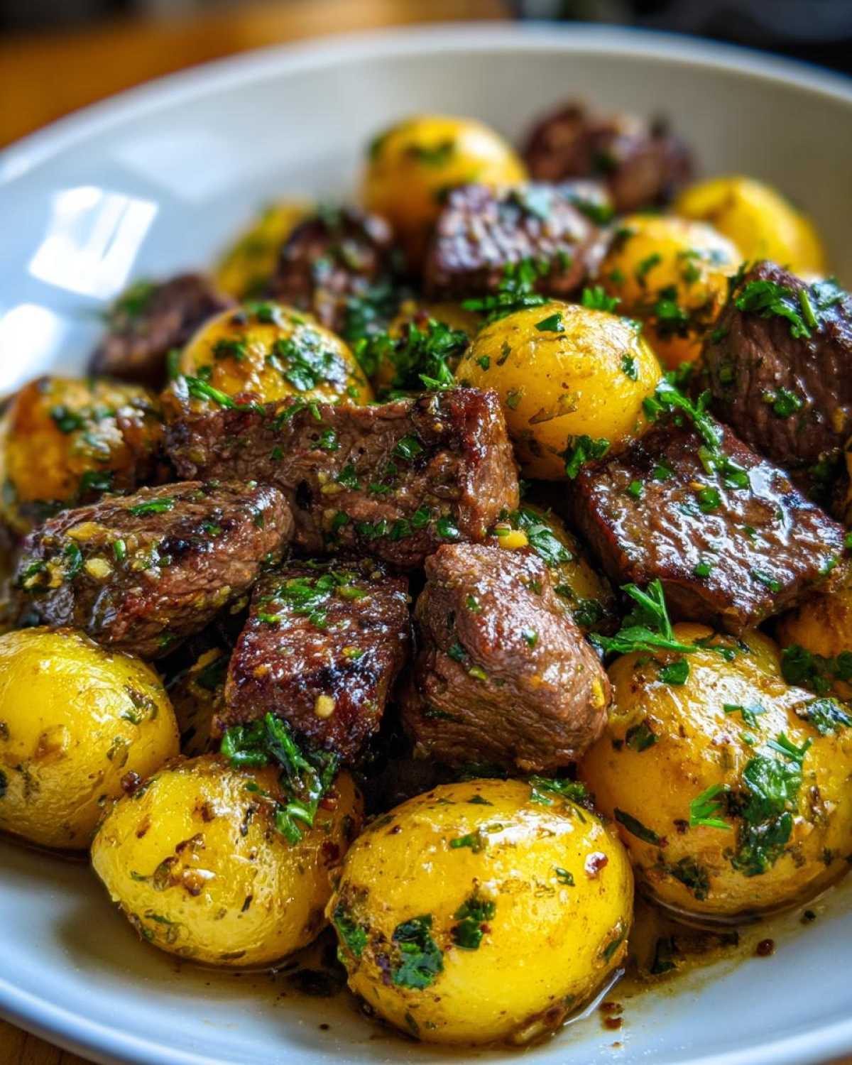 Close-up of One-Pan Garlic Butter Steak Bites and Potatoes coated in garlic butter sauce and fresh parsley.
