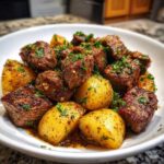 A close-up of juicy One-Pan Garlic Butter Steak Bites and Potatoes coated in sauce and fresh parsley.