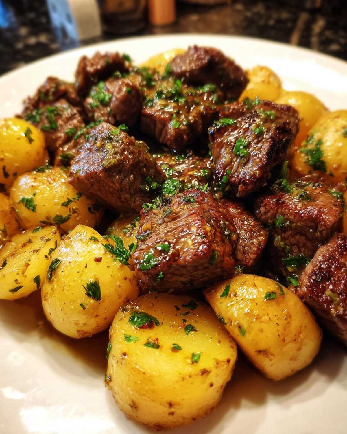 Close-up of juicy, seared steak bites mixed with golden roasted potatoes, coated in garlic butter sauce and parsley.