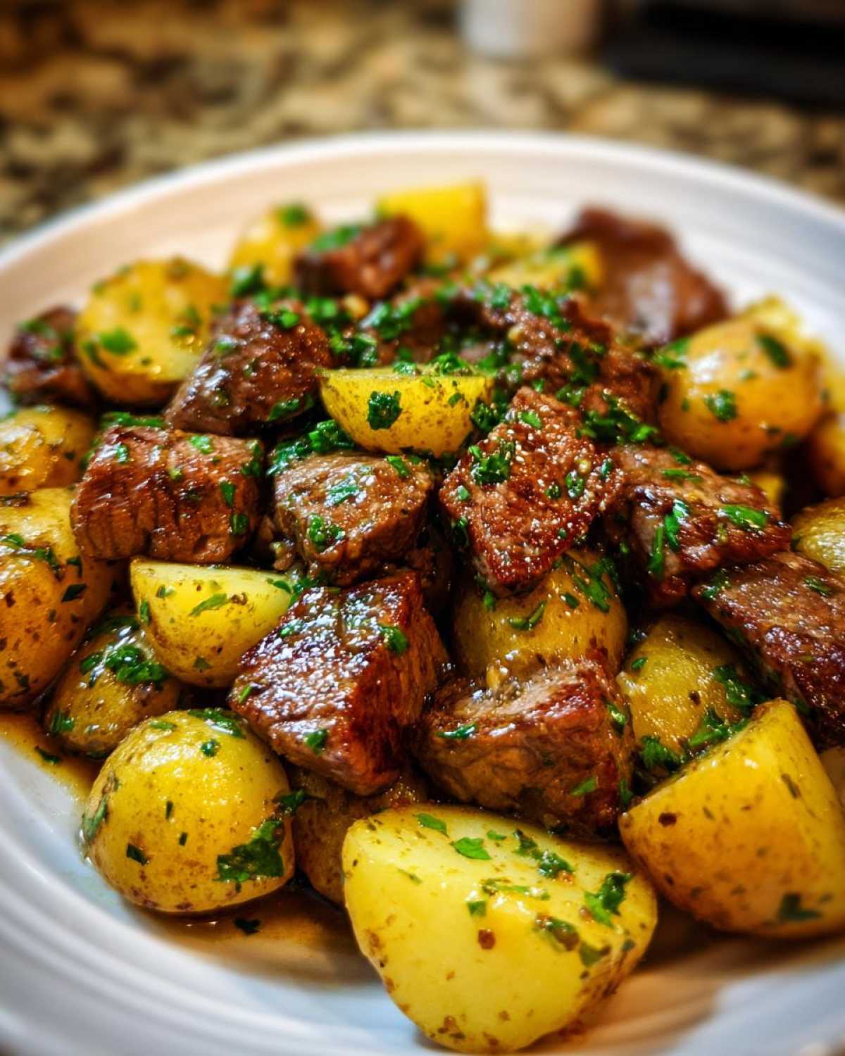 Close-up of One-Pan Garlic Butter Steak Bites and Potatoes coated in sauce and garnished with parsley.