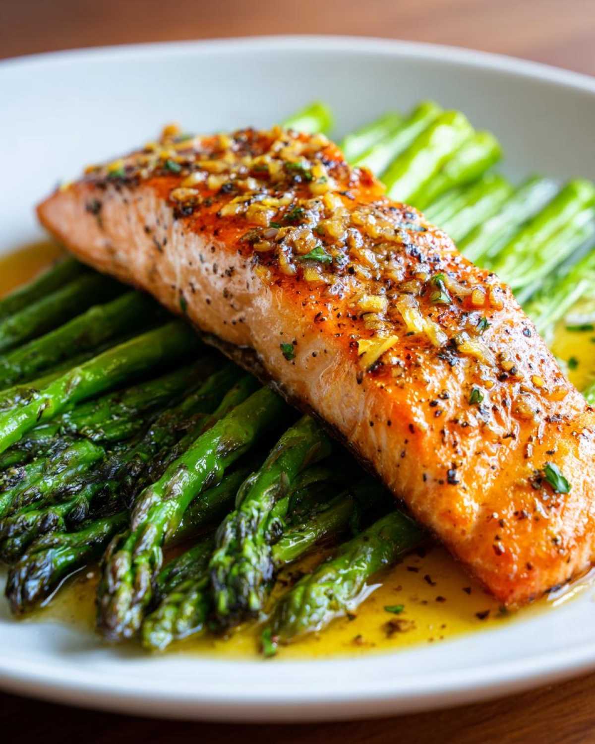 Close-up of a perfectly cooked One-Pan Lemon Garlic Salmon with Asparagus drizzled in sauce.