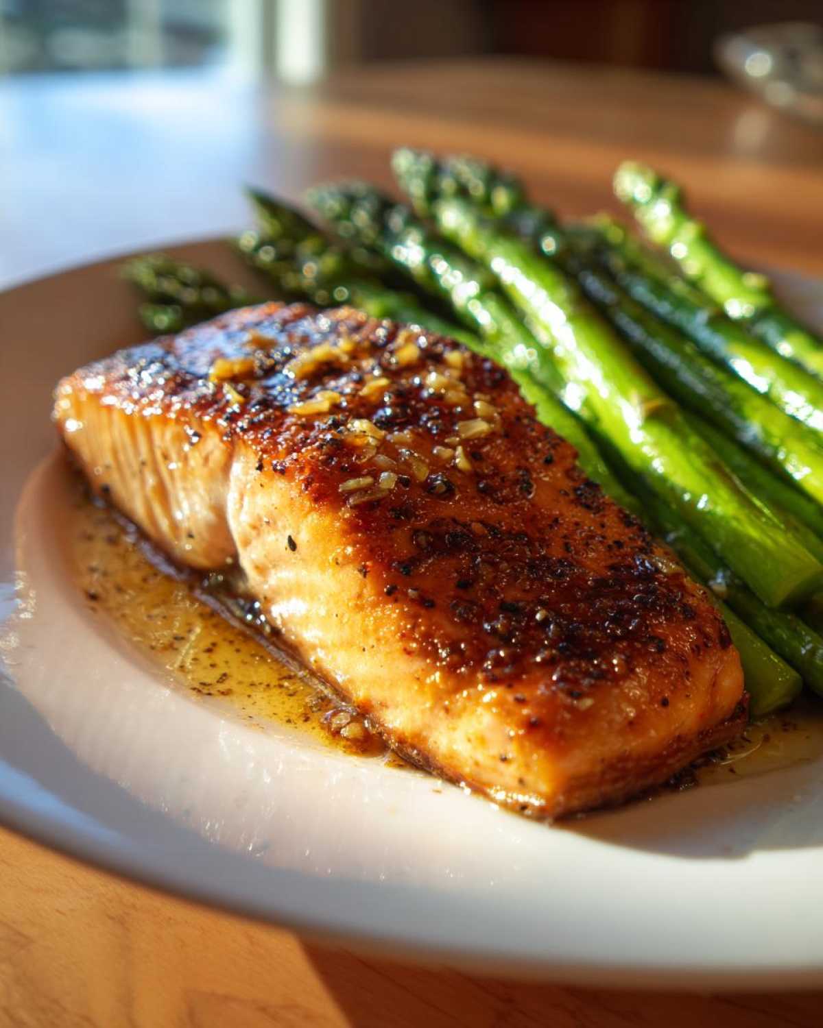 Close-up of a perfectly cooked piece of One-Pan Lemon Garlic Salmon with roasted asparagus spears.