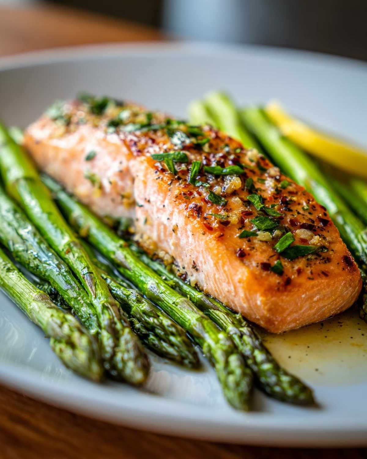Close-up of a perfectly cooked fillet of One-Pan Lemon Garlic Salmon served over bright green asparagus.