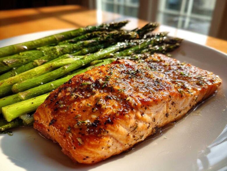 A perfectly cooked fillet of One-Pan Lemon Garlic Salmon served next to bright green roasted asparagus on a white plate.