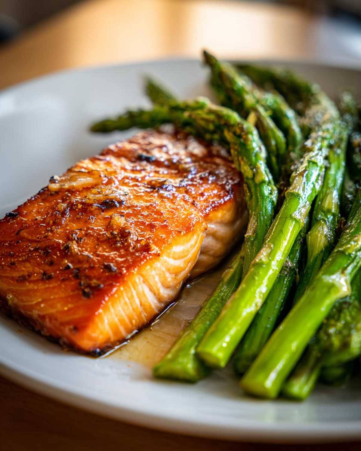Close-up of a perfectly cooked fillet of One-Pan Lemon Garlic Salmon next to bright green asparagus spears.