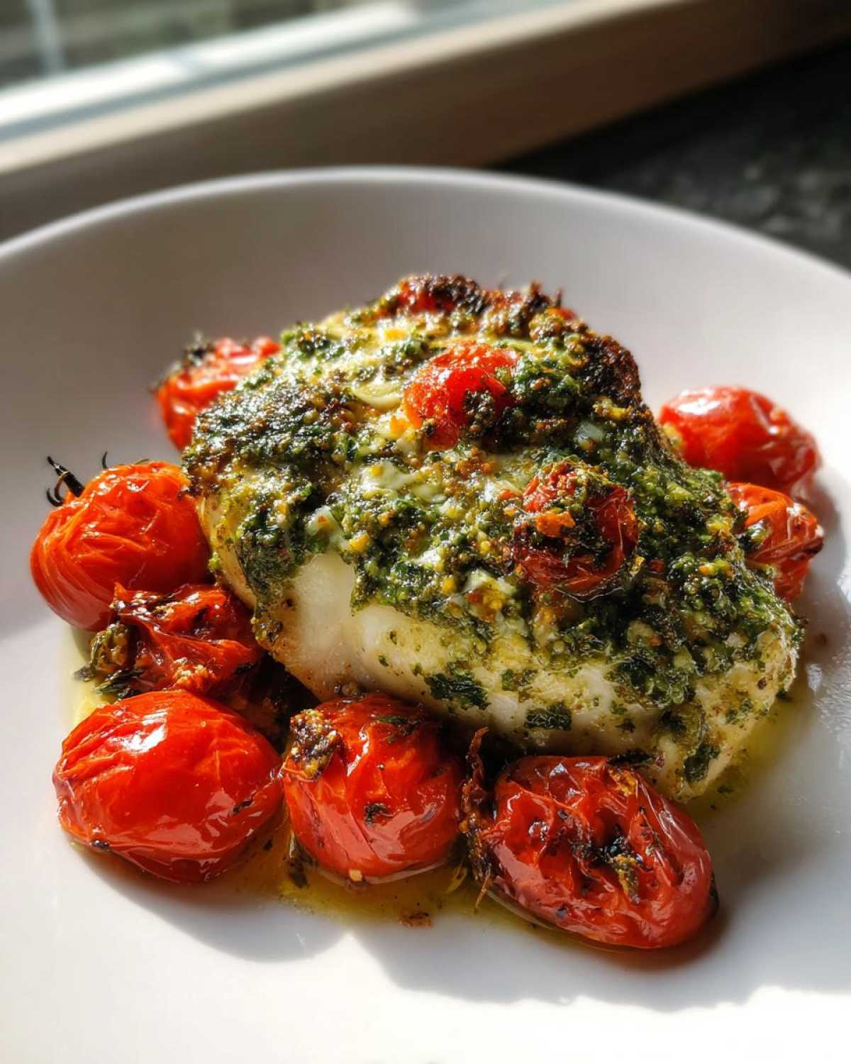 Close-up of One-Pan Pesto Chicken with Tomatoes, featuring a baked chicken breast topped with pesto and surrounded by roasted cherry tomatoes.