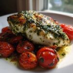 A perfectly cooked piece of One-Pan Pesto Chicken with Tomatoes, topped with vibrant green pesto and resting on roasted cherry tomatoes.