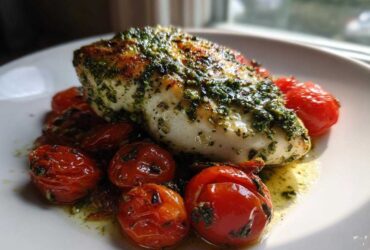 A perfectly cooked piece of One-Pan Pesto Chicken with Tomatoes, topped with vibrant green pesto and resting on roasted cherry tomatoes.