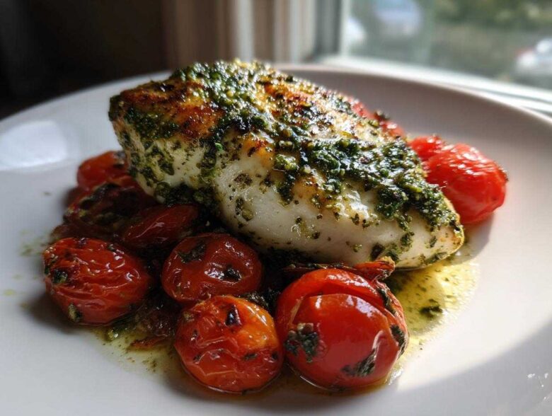 A perfectly cooked piece of One-Pan Pesto Chicken with Tomatoes, topped with vibrant green pesto and resting on roasted cherry tomatoes.