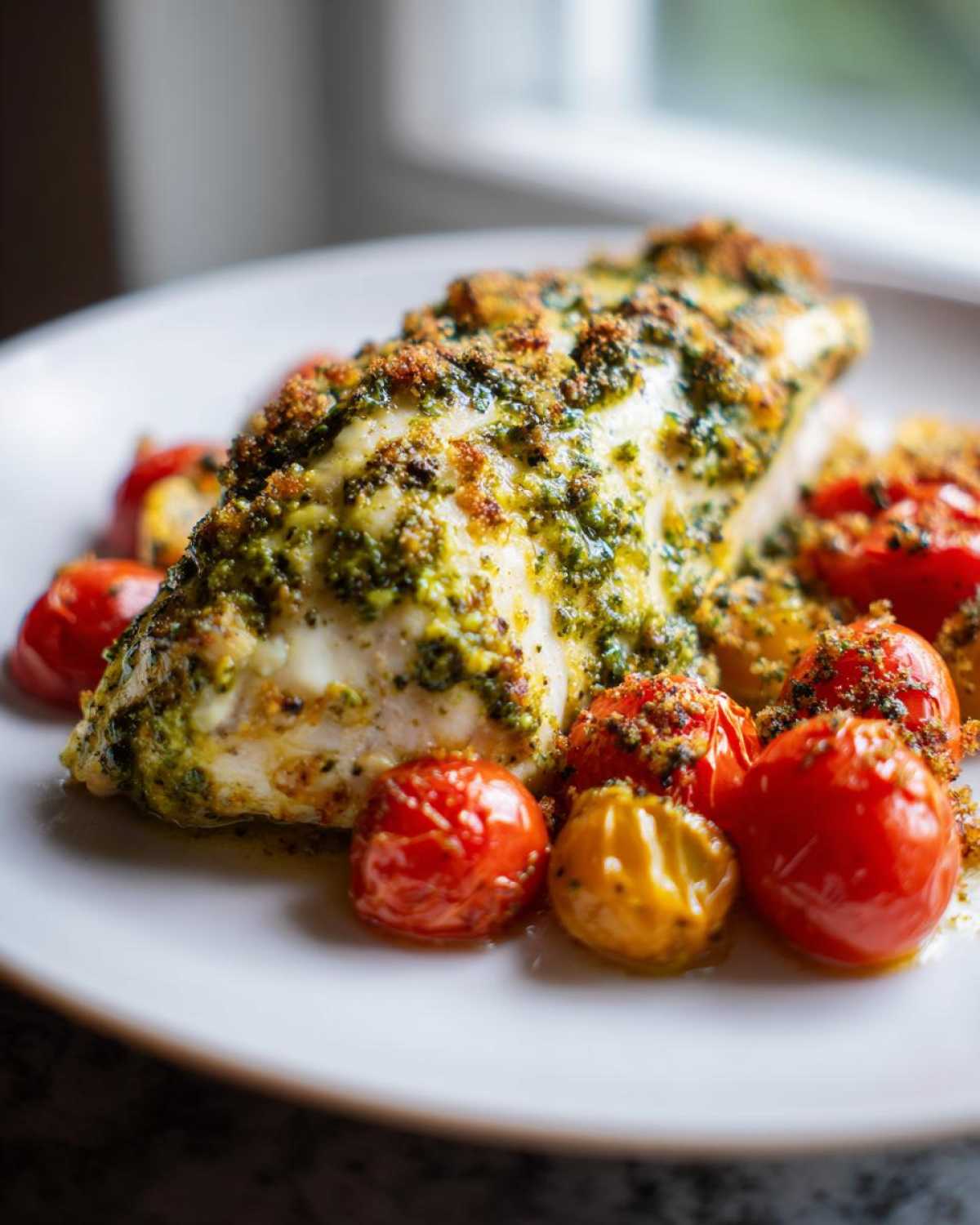 A close-up of One-Pan Pesto Chicken with Tomatoes, featuring a pesto-crusted chicken breast and roasted cherry tomatoes on a white plate.