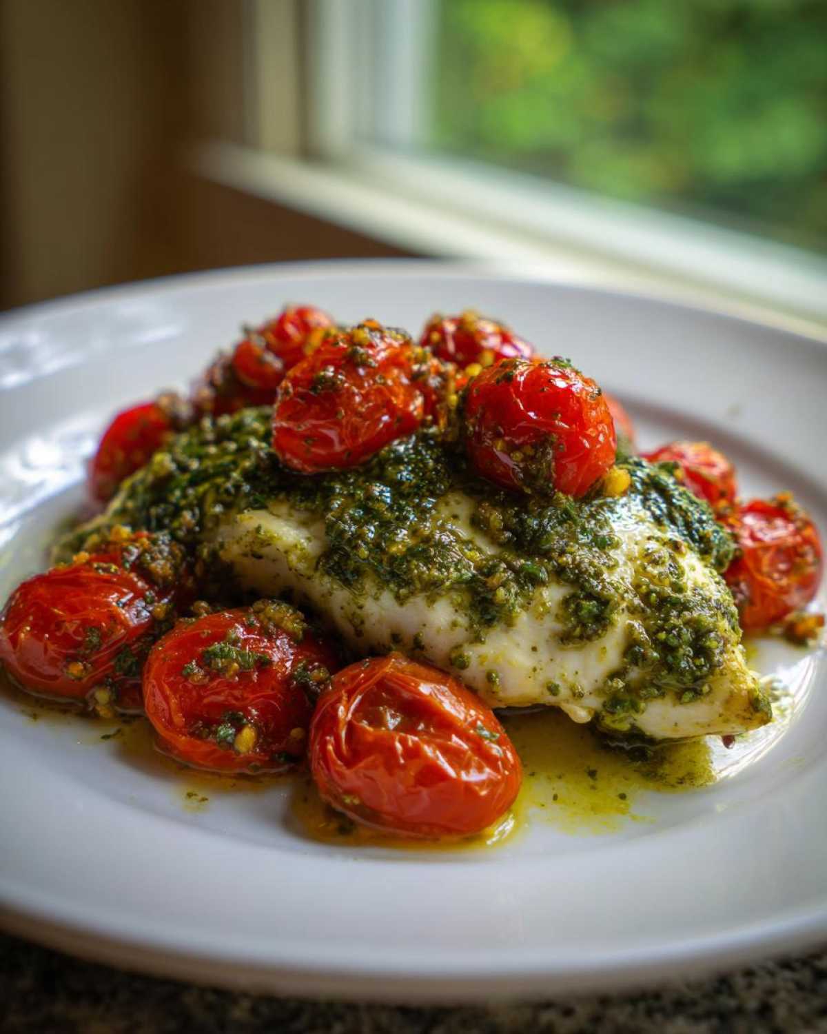 A serving of One-Pan Pesto Chicken with Tomatoes, topped with vibrant green pesto and roasted cherry tomatoes on a white plate.