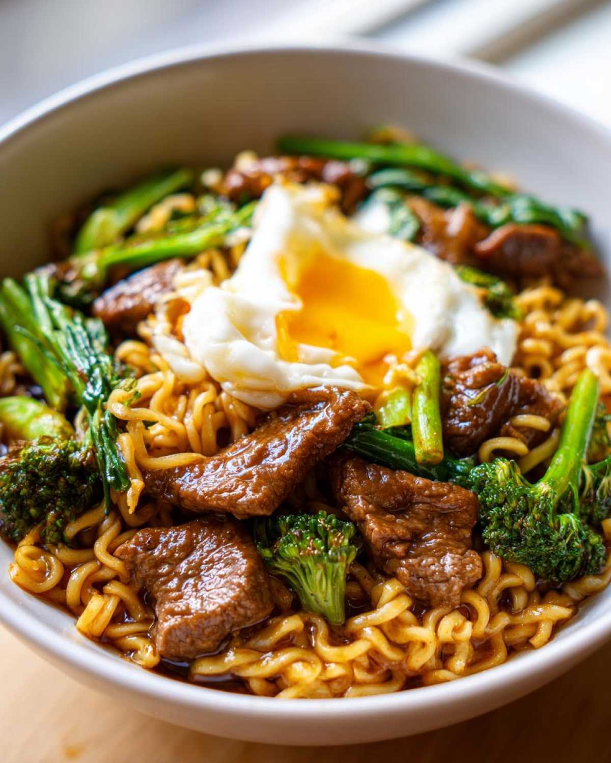 Close-up of One-Pot Beef and Broccoli Ramen Noodles topped with a runny fried egg.