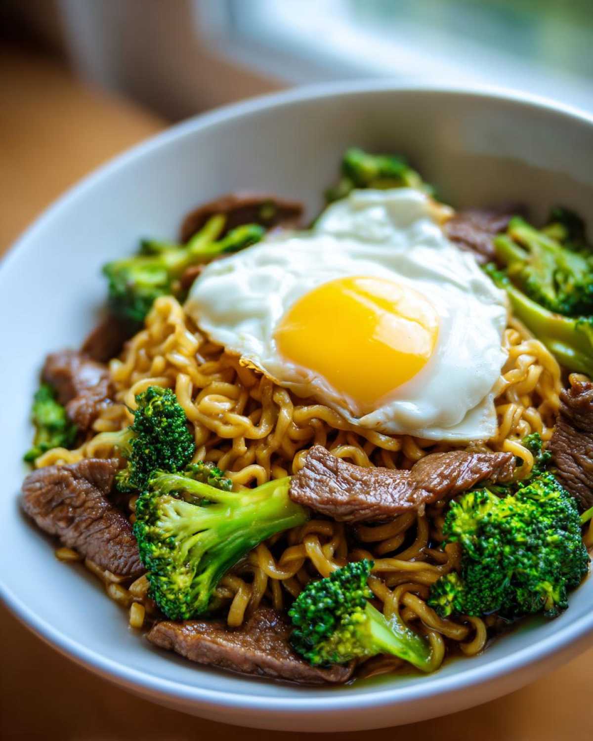 Close-up of One-Pot Beef and Broccoli Ramen Noodles topped with a sunny-side-up egg in a white bowl.