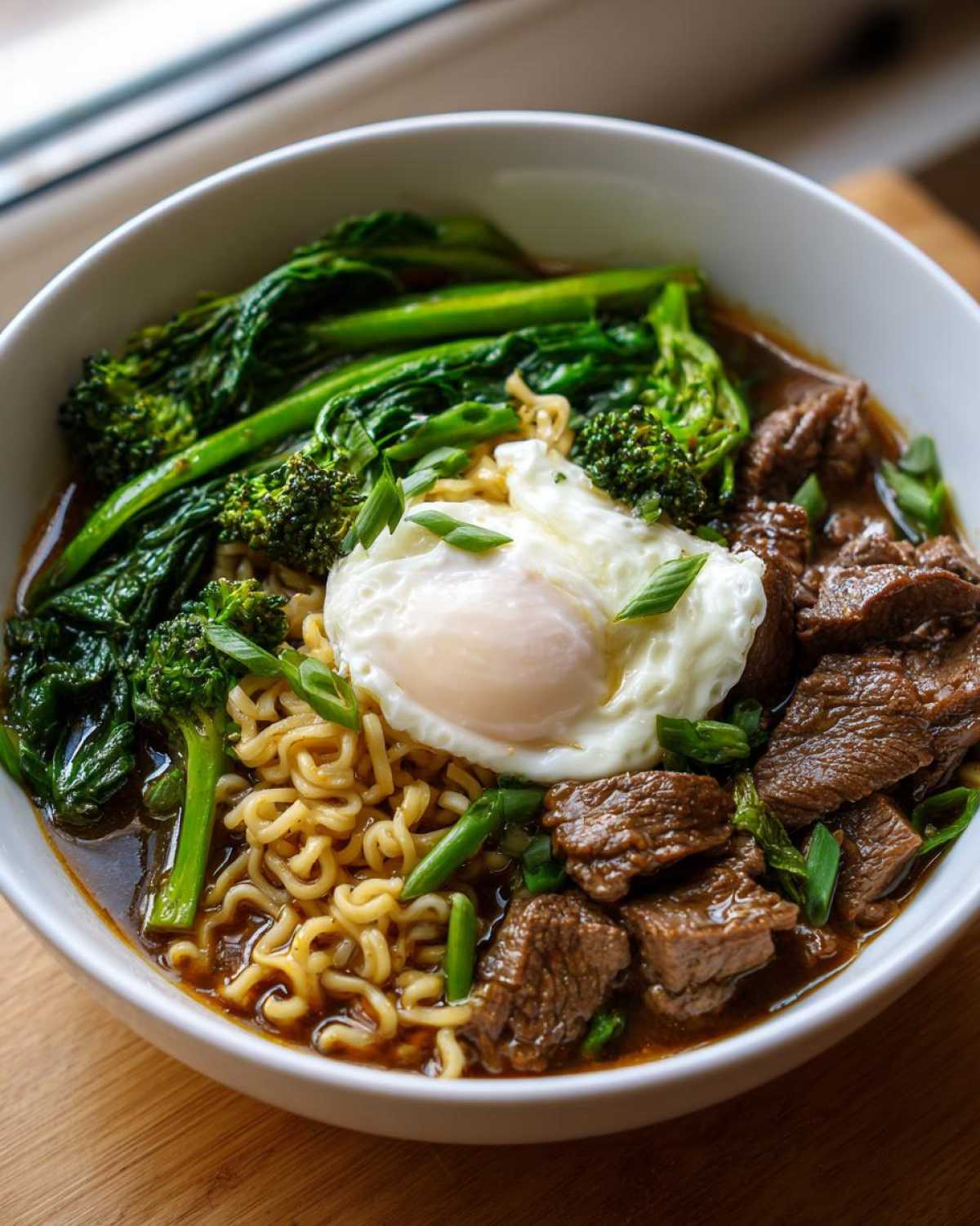 Close-up of One-Pot Beef and Broccoli Ramen Noodles topped with a poached egg and green onions.