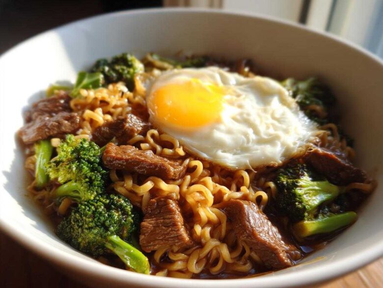 A close-up of One-Pot Beef and Broccoli Ramen Noodles topped with a sunny-side-up egg in a white bowl.