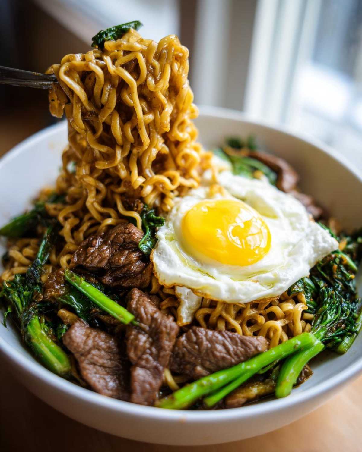 Chopsticks lifting noodles from a bowl of One-Pot Beef and Broccoli Ramen Noodles topped with a fried egg.