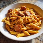 Close-up of One-Pot Creamy Cajun Sausage Pasta with penne noodles and sliced sausage in a white bowl.