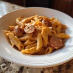 Close-up of a white bowl filled with One-Pot Creamy Cajun Sausage Pasta featuring penne and sliced sausage.