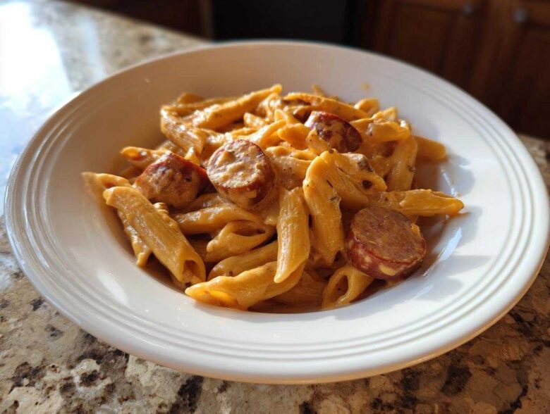 Close-up of a white bowl filled with One-Pot Creamy Cajun Sausage Pasta featuring penne and sliced sausage.