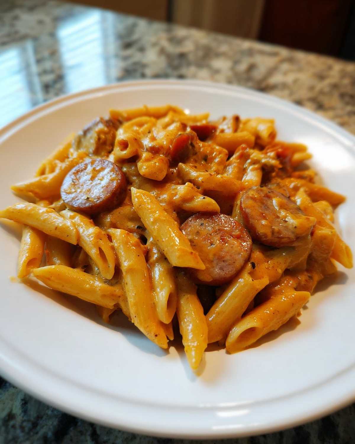 A close-up of a white plate filled with One-Pot Creamy Cajun Sausage Pasta featuring penne and sliced sausage.