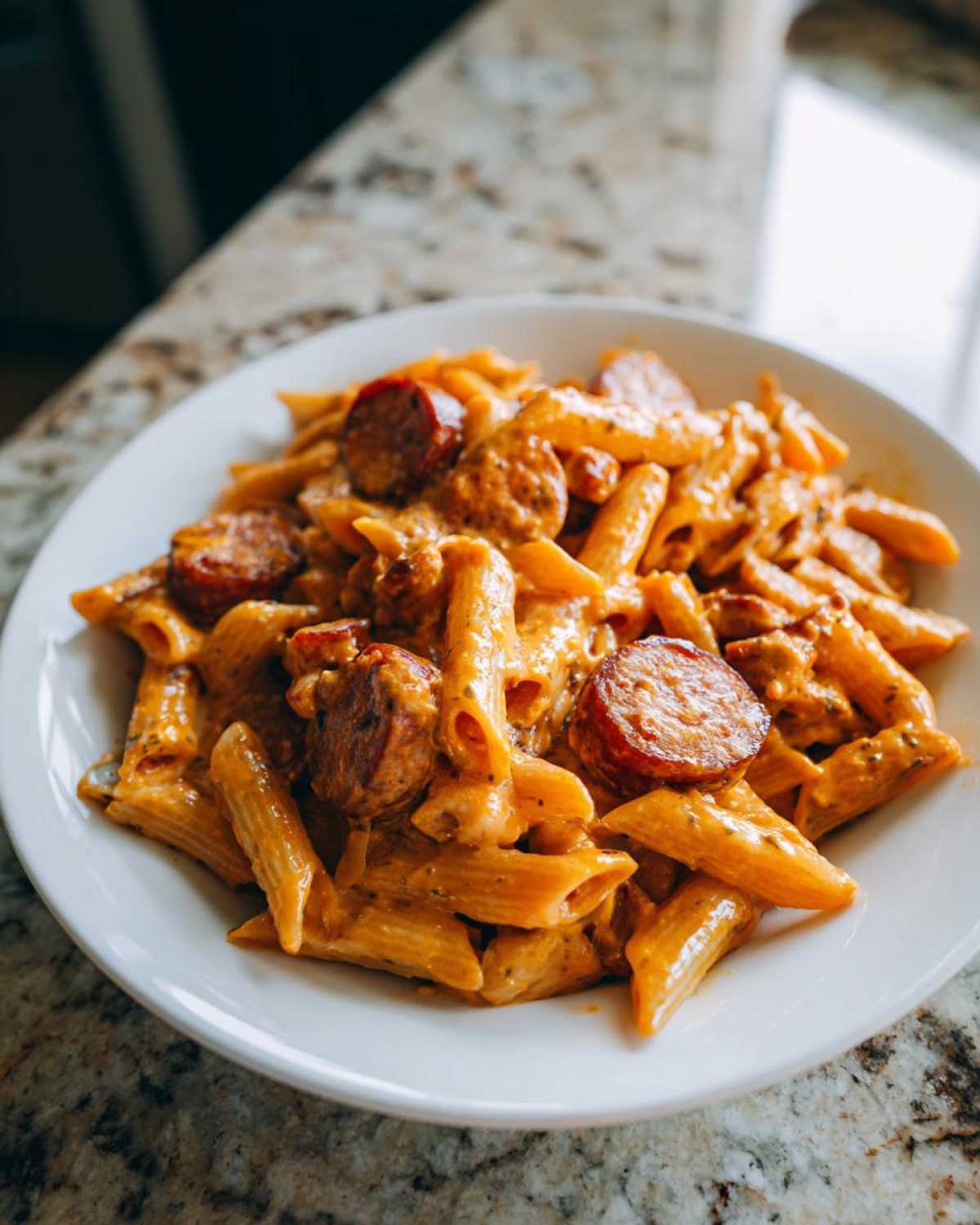 A close-up of One-Pot Creamy Cajun Sausage Pasta with penne and sliced sausage served in a white bowl.