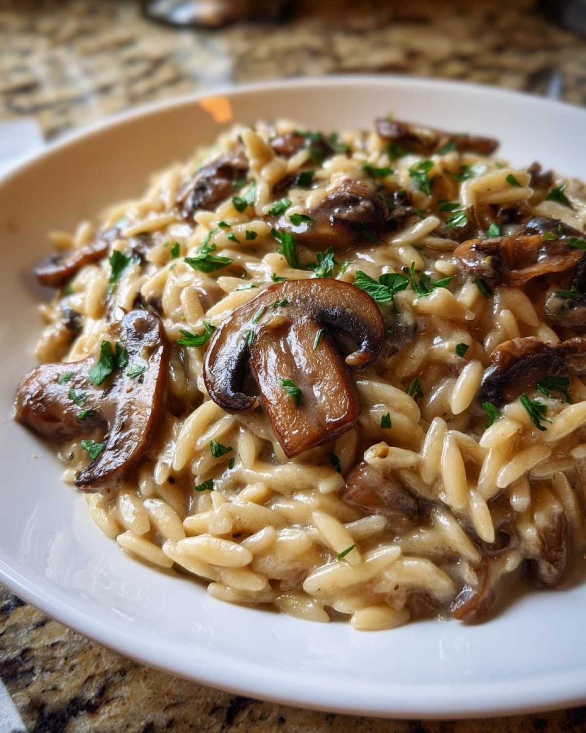 Close-up of a serving of One-Pot Creamy Mushroom Orzo topped with sautéed mushrooms and fresh parsley.