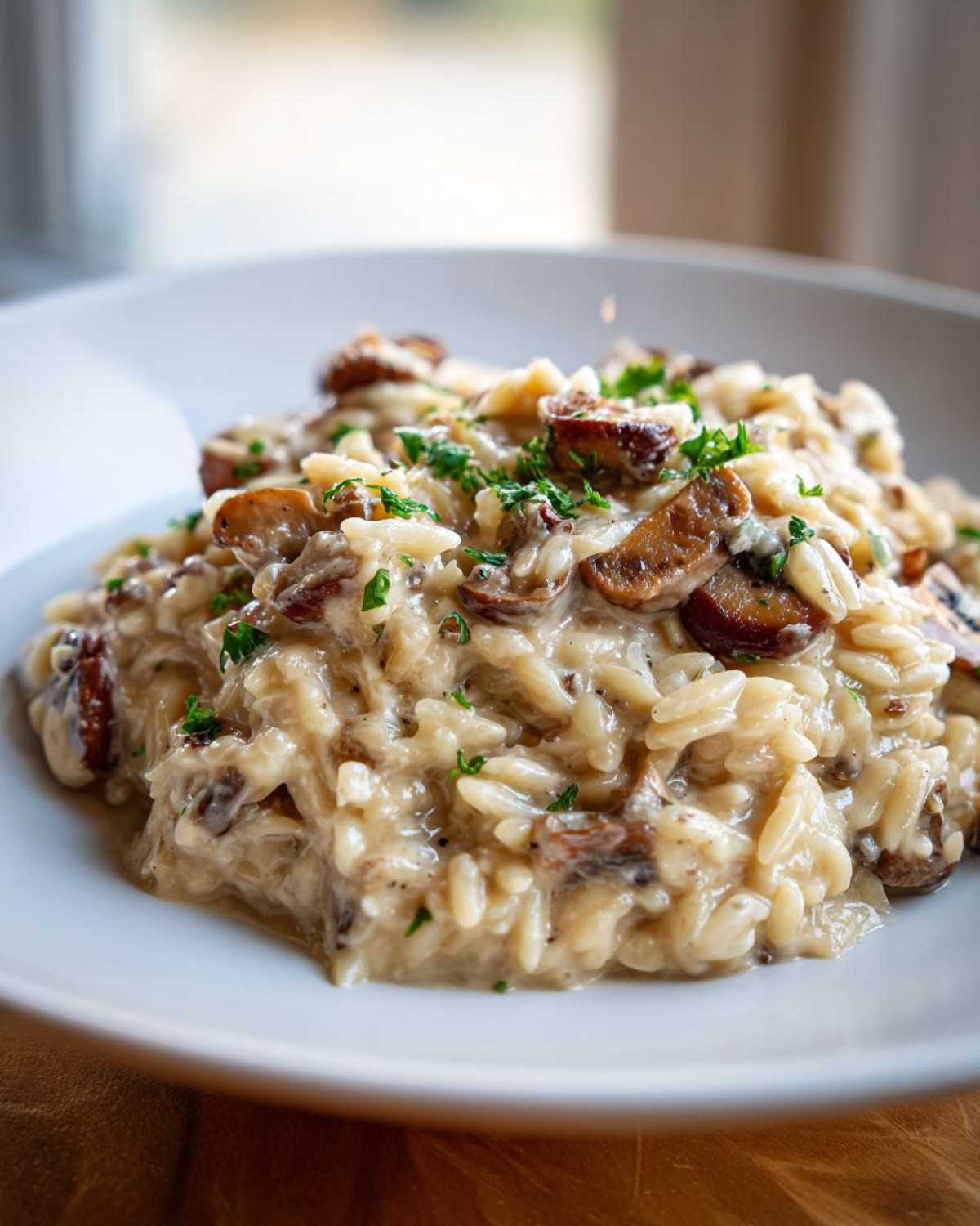 A close-up view of a serving of One-Pot Creamy Mushroom Orzo garnished with fresh parsley.