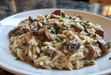 Close-up of a serving of One-Pot Creamy Mushroom Orzo garnished with fresh parsley.