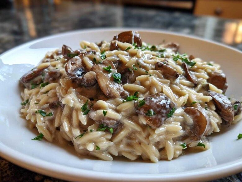 Close-up of a serving of One-Pot Creamy Mushroom Orzo garnished with fresh parsley.