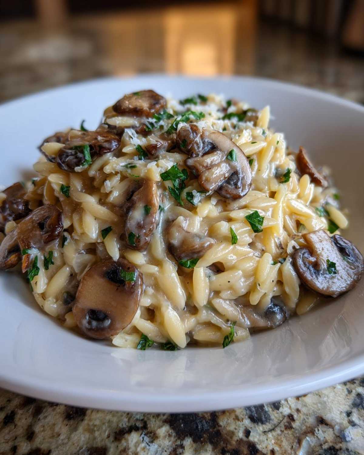 Close-up of a bowl filled with creamy One-Pot Creamy Mushroom Orzo, topped with sliced mushrooms and parsley.
