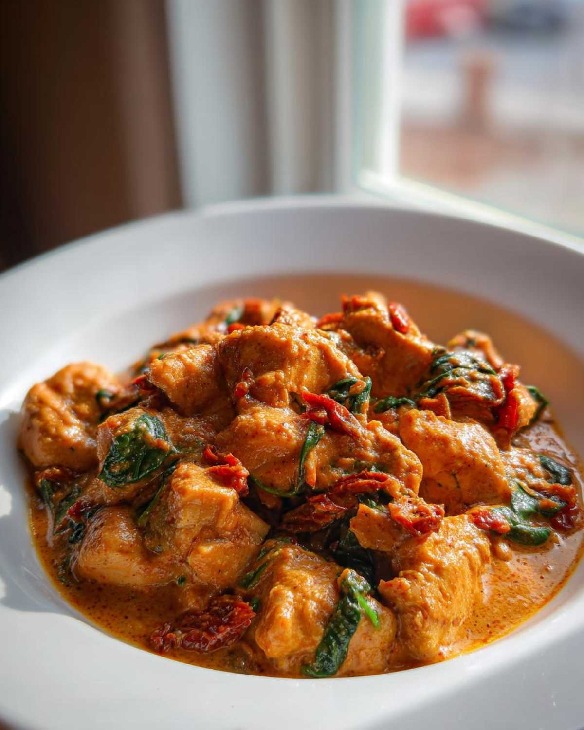 Close-up of One-Pot Creamy Sun-Dried Tomato Chicken with spinach and sun-dried tomatoes in a white bowl.