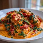 Close-up of One-Pot Creamy Sun-Dried Tomato Chicken served in a white bowl with rich sauce.