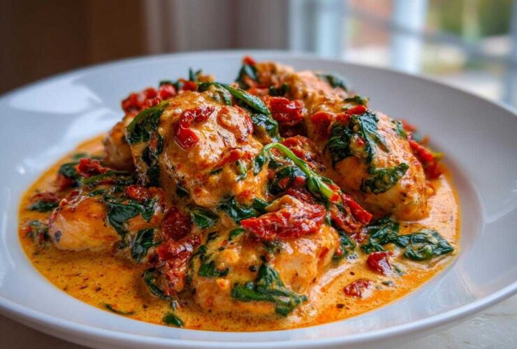 Close-up of One-Pot Creamy Sun-Dried Tomato Chicken served in a white bowl with rich sauce.