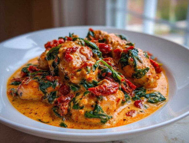 Close-up of One-Pot Creamy Sun-Dried Tomato Chicken served in a white bowl with rich sauce.