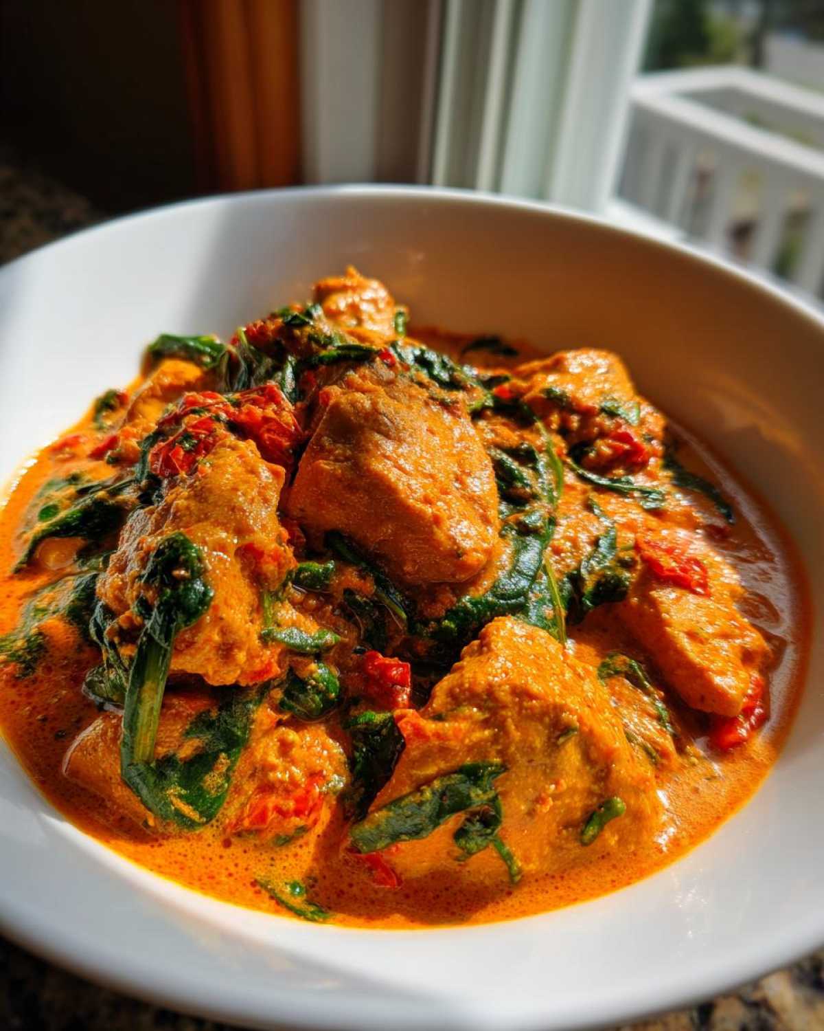 Close-up of chunks of chicken coated in a rich, orange sauce with wilted spinach and sun-dried tomatoes in a white bowl: One-Pot Creamy Sun-Dried Tomato Chicken.