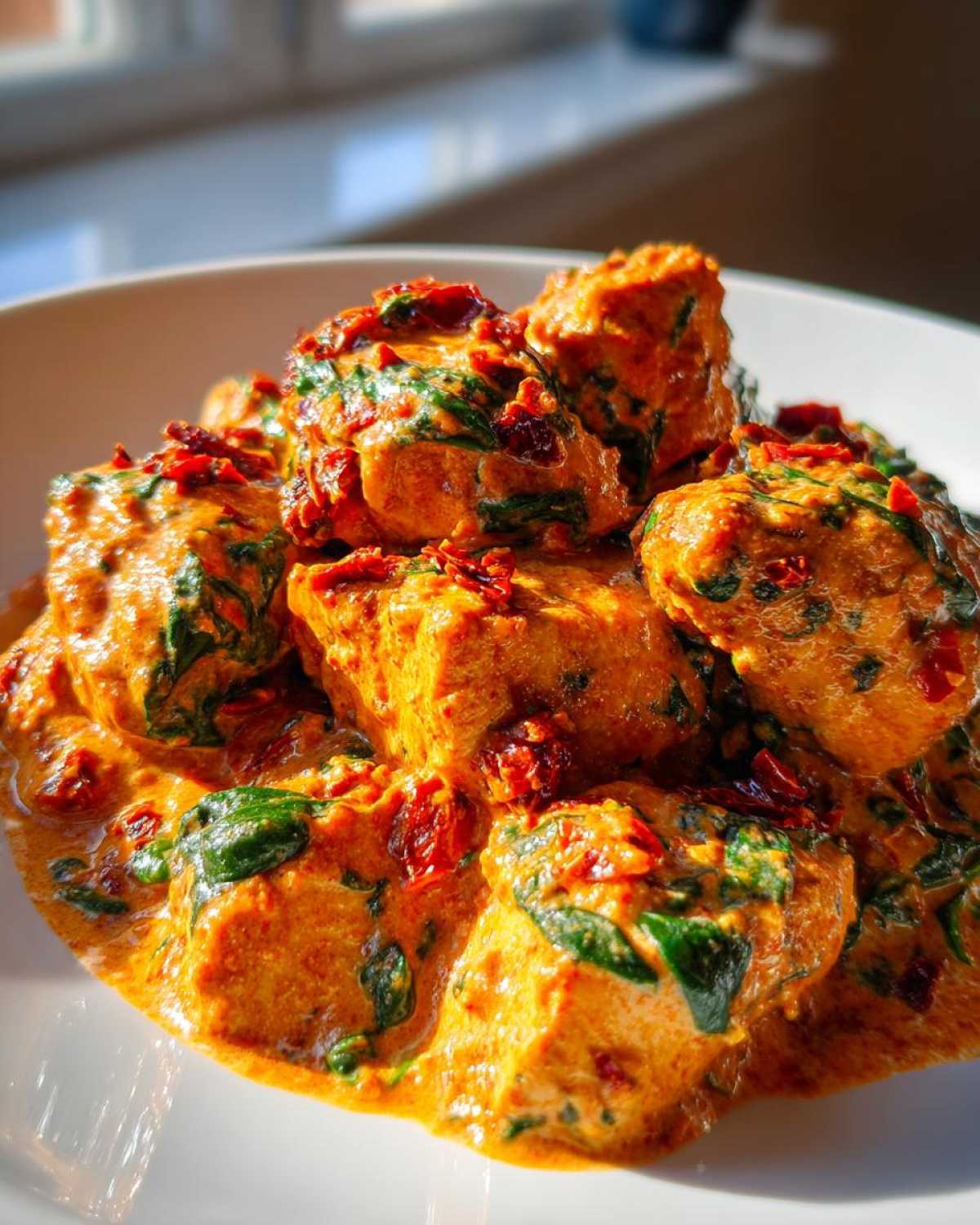 Chunks of chicken coated in a rich, orange, creamy sauce with spinach and sun-dried tomatoes in One-Pot Creamy Sun-Dried Tomato Chicken.