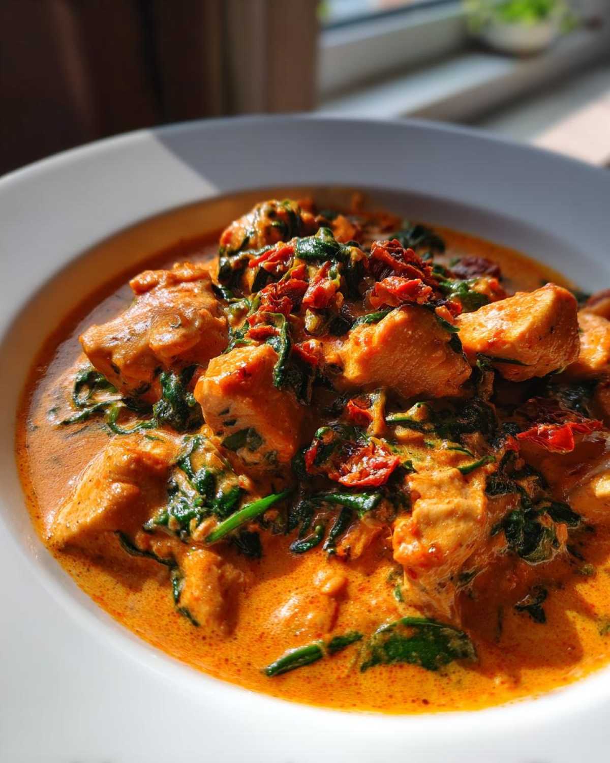 Close-up of tender chicken pieces in a rich, creamy sauce with spinach and sun-dried tomatoes from the One-Pot Creamy Sun-Dried Tomato Chicken.