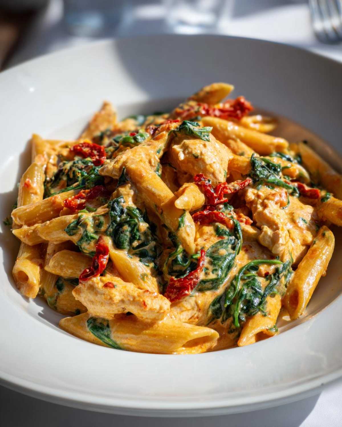 A close-up view of a white bowl filled with One-Pot Creamy Tuscan Chicken Pasta featuring penne, chicken, spinach, and sun-dried tomatoes.