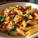 A close-up bowl of One-Pot Creamy Tuscan Chicken Pasta featuring penne, chicken chunks, spinach, and sun-dried tomatoes in a rich sauce.