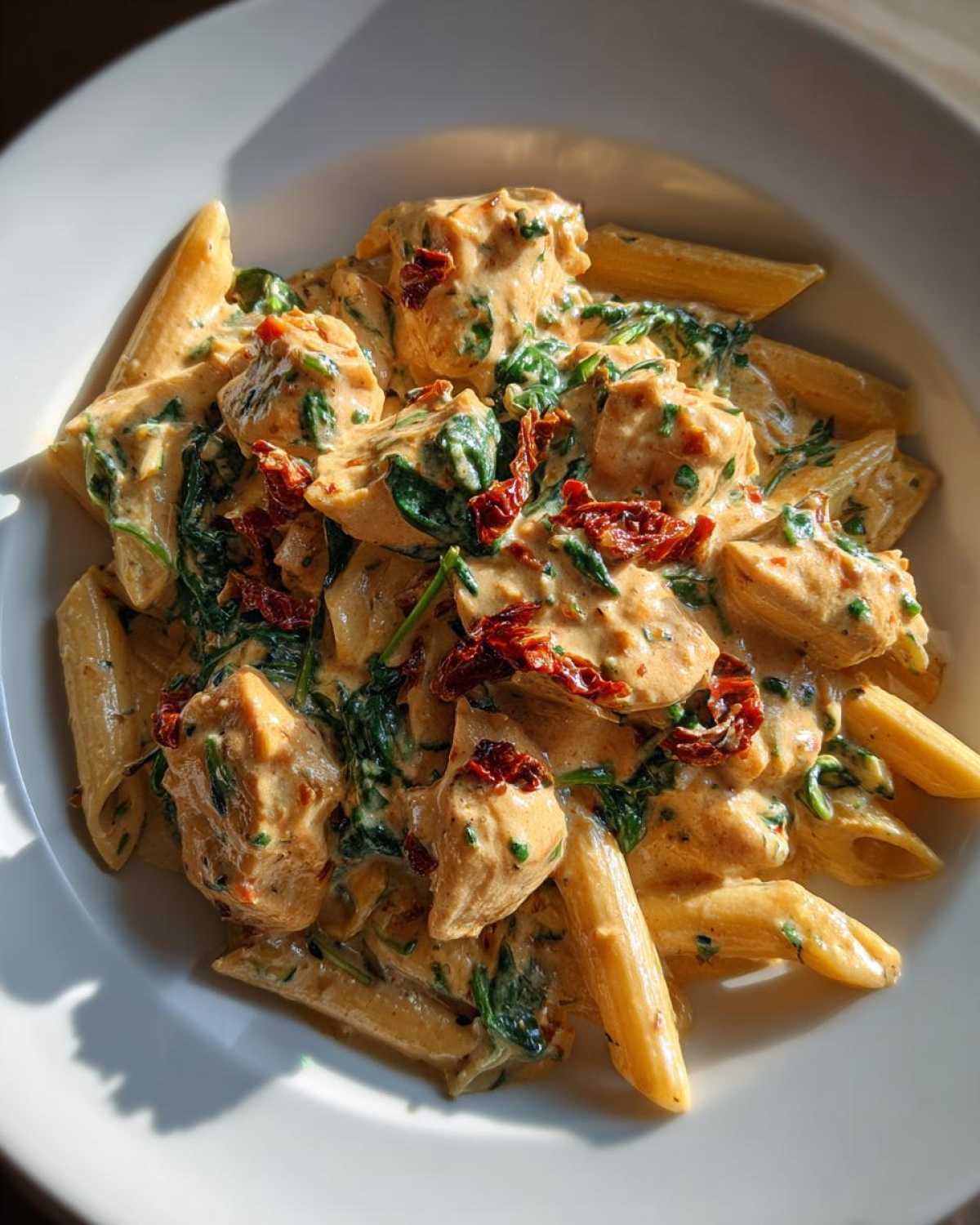 Close-up of a bowl filled with One-Pot Creamy Tuscan Chicken Pasta featuring penne, chicken chunks, spinach, and sun-dried tomatoes.