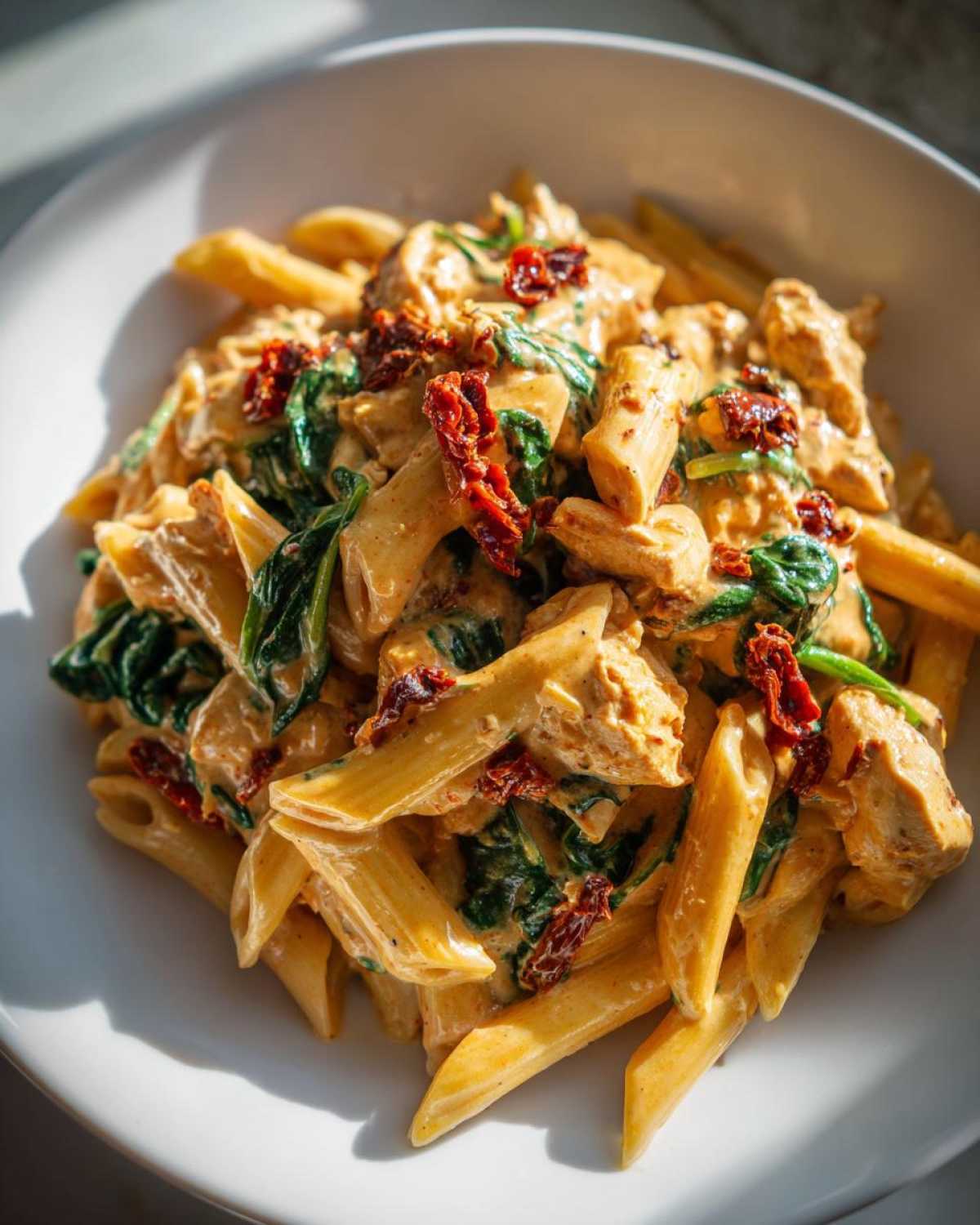 A close-up, brightly lit bowl of One-Pot Creamy Tuscan Chicken Pasta with penne, spinach, and sun-dried tomatoes.