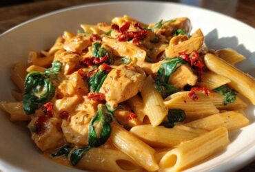 A close-up bowl of One-Pot Creamy Tuscan Chicken Pasta featuring penne, chicken chunks, spinach, and sun-dried tomatoes in a rich sauce.