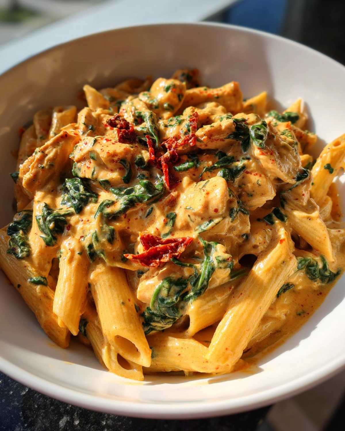 Close-up of a white bowl filled with One-Pot Creamy Tuscan Chicken Pasta, featuring penne, chicken, spinach, and sun-dried tomatoes.