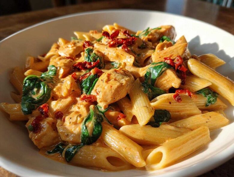 A close-up bowl of One-Pot Creamy Tuscan Chicken Pasta featuring penne, chicken chunks, spinach, and sun-dried tomatoes in a rich sauce.