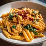 A close-up of a bowl of One-Pot Creamy Tuscan Chicken Pasta featuring penne, shredded chicken, spinach, and sun-dried tomatoes.